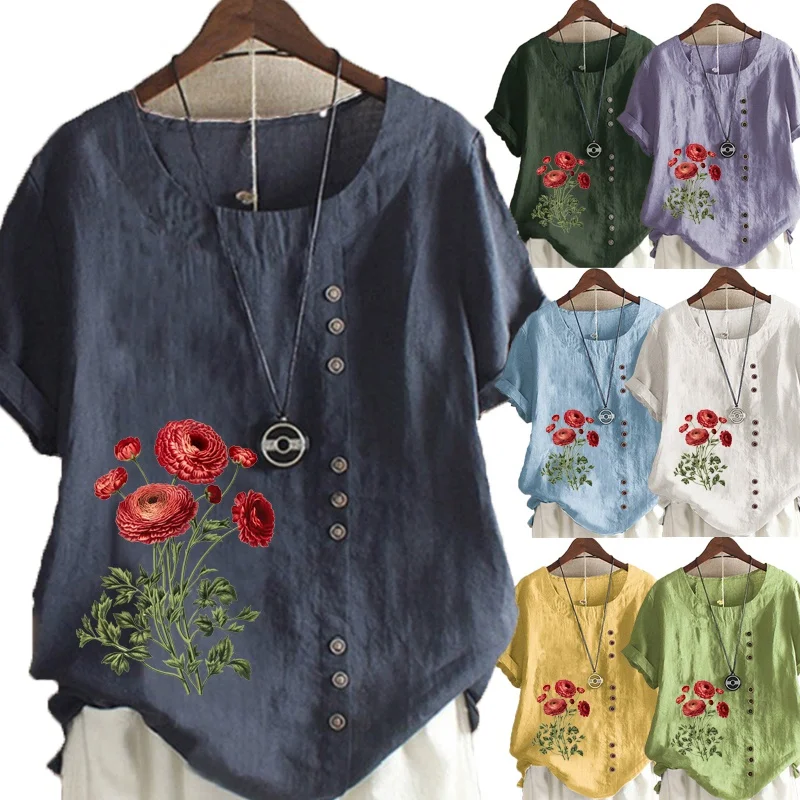 

Plus Size Women's Fashion Solid Color T-shirt Flowers Printed Short Sleeve Casual Round Neck Blouse Tops Ladies Summer Fashion
