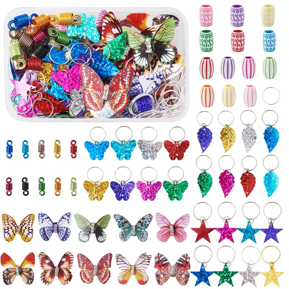 

1 Box Mixed Color DIY Hair Accessories Kits with Beads,Open Jump Rings,Hair Coil Cuffs,Hair Braid Ring Pendant Decor Accessories