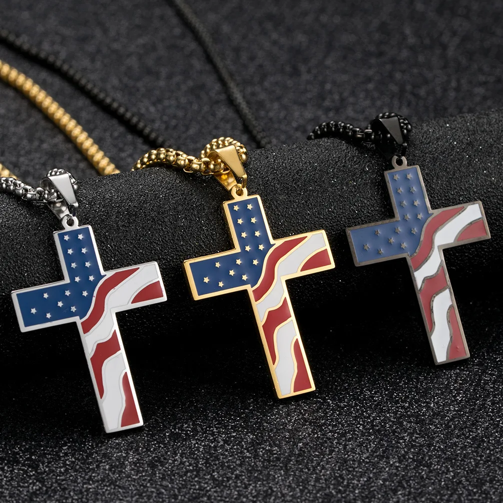 

European And American Stainless Steel Star Spangled Flag Cross Pendant Gold Plated Men's Women's Necklace