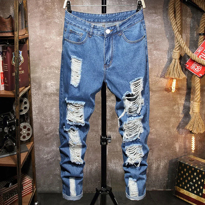 Новинка 2021, классические потертые мужские джинсы, повседневные уличные джинсовые брюки в стиле хип-хоп, прямые мужские ковбойские брюки