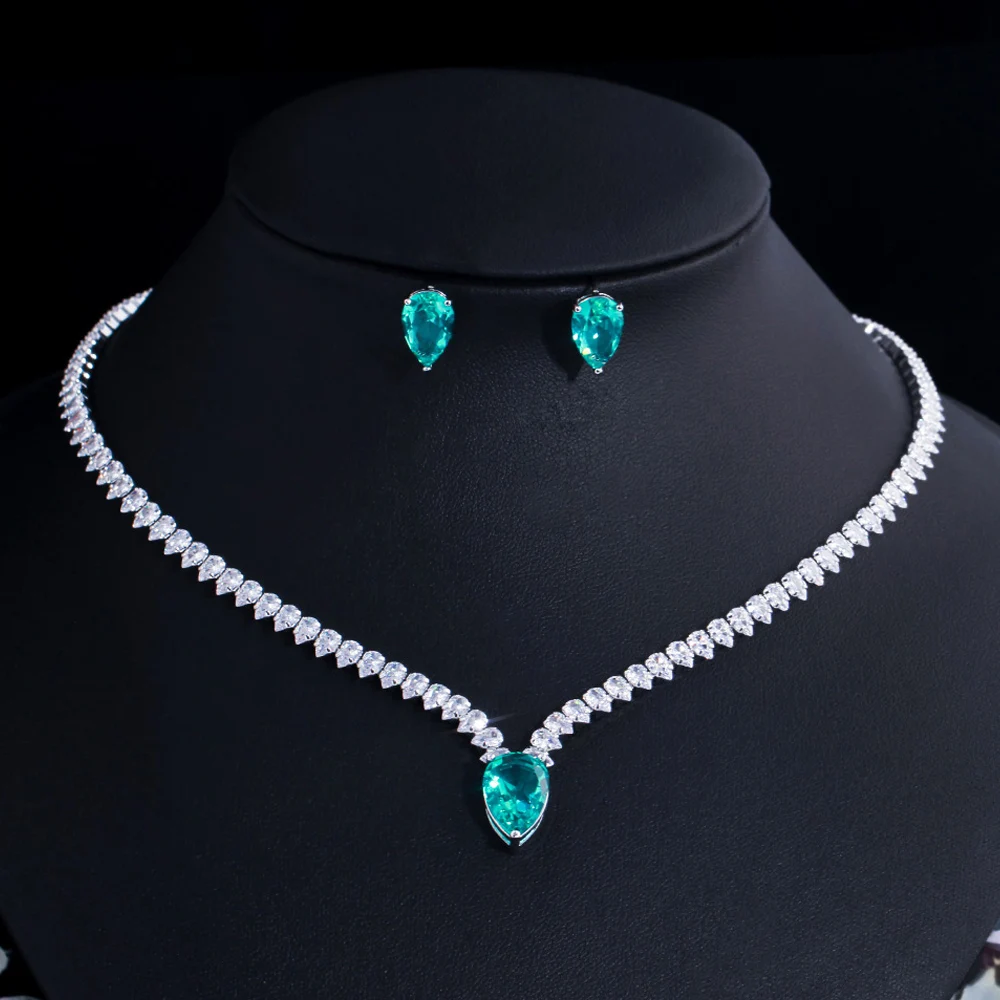 

CWWZircons Elegant Big Light Green Water Drop CZ Crystal Necklace and Earrings Women Engagement Party Costume Jewelry Sets T560