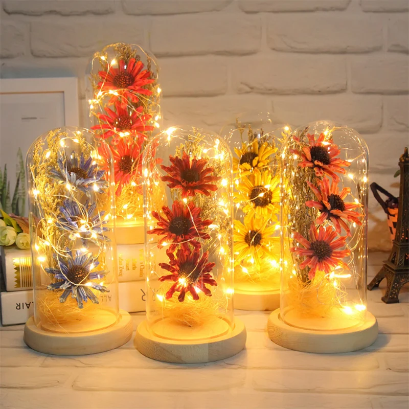 

Eternal Life Dried Flower Glass Cover Decor LED Lamp Home Decor Gift Light Bottle In Jar Desk Night Light Valentines Day Gift