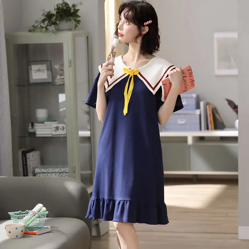 Ladies Nightdress Summer New Cotton Doll Collar Girl Cute Japanese Ins Student Uniform Pajamas Female Spring Nightgown