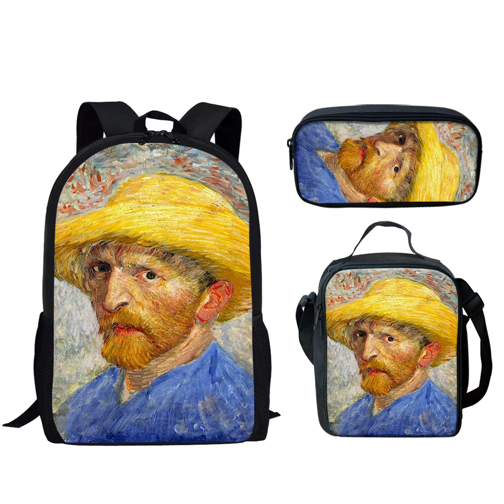 

Van Gogh 3D Print Backpack Men School Bags Set For Teen Girls Boys Abstract Painting Personality Photo Custom Lunch Bag