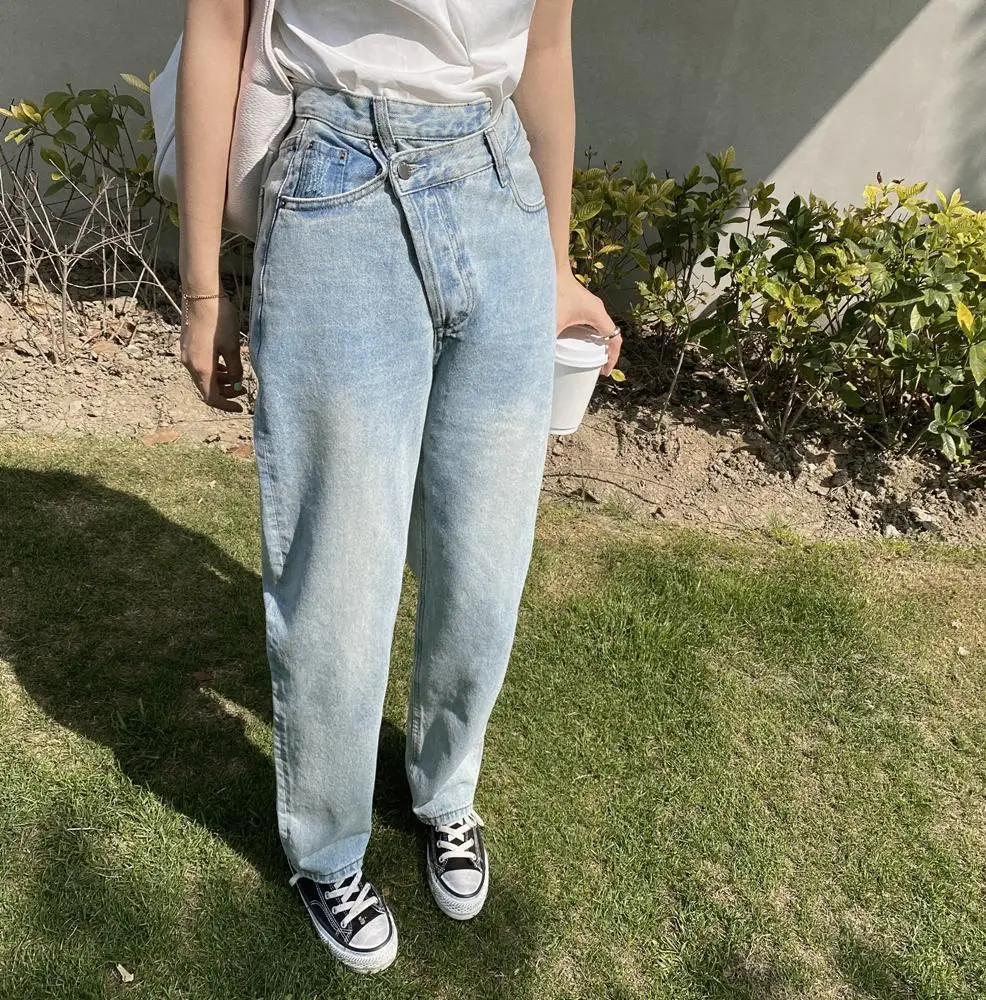 

I High Waist Jeans for Woman Light Blue Vintage Straight Leg Long Jeans Female Denim Trousers