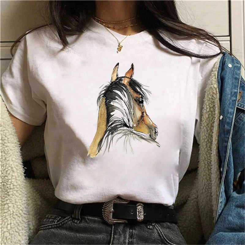 

Funny Casual O Neck Female Tshirt Watercolor Horse Print Women Tshirt Animal t shirts short sleeve Tee Top Camisetas Mujer