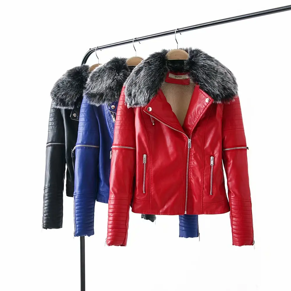 

Korean version of the winter ladies fur one PU leather short paragraph fur collar plus velvet thickening women's leather jacket
