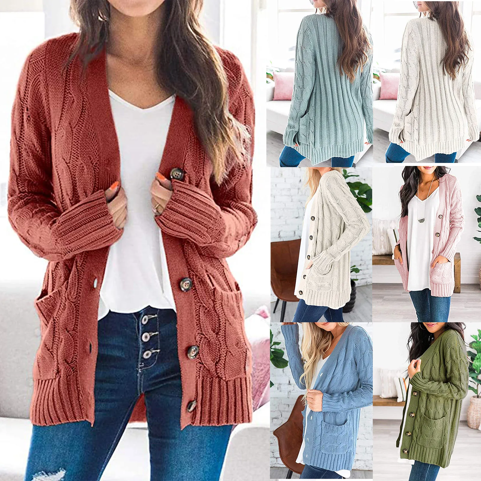

Women's Long Sleeve Cable Knit Cardigan with Pocket Casual Coat Solid Color -MX8