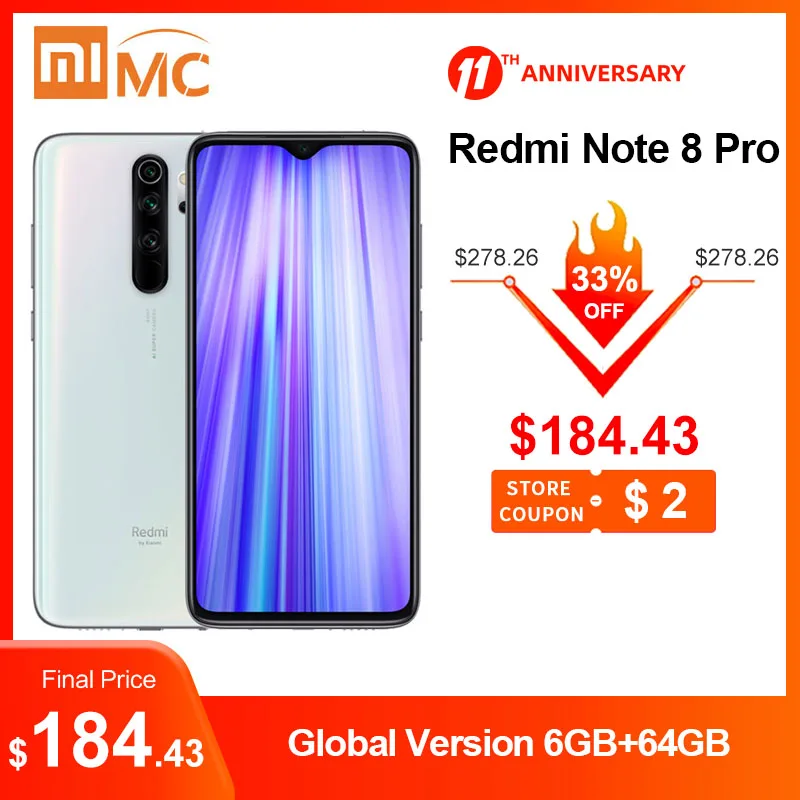 Xiaomi Redmi Note 8 Pro 6 Гб RAM смартфон 64 мегапиксельная четырехъядерная камера NFC 4500 мАч 18