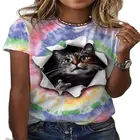 Футболка женская оверсайз с 3D принтом, модная повседневная одежда, цветная Милая рубашка с рисунком котенка