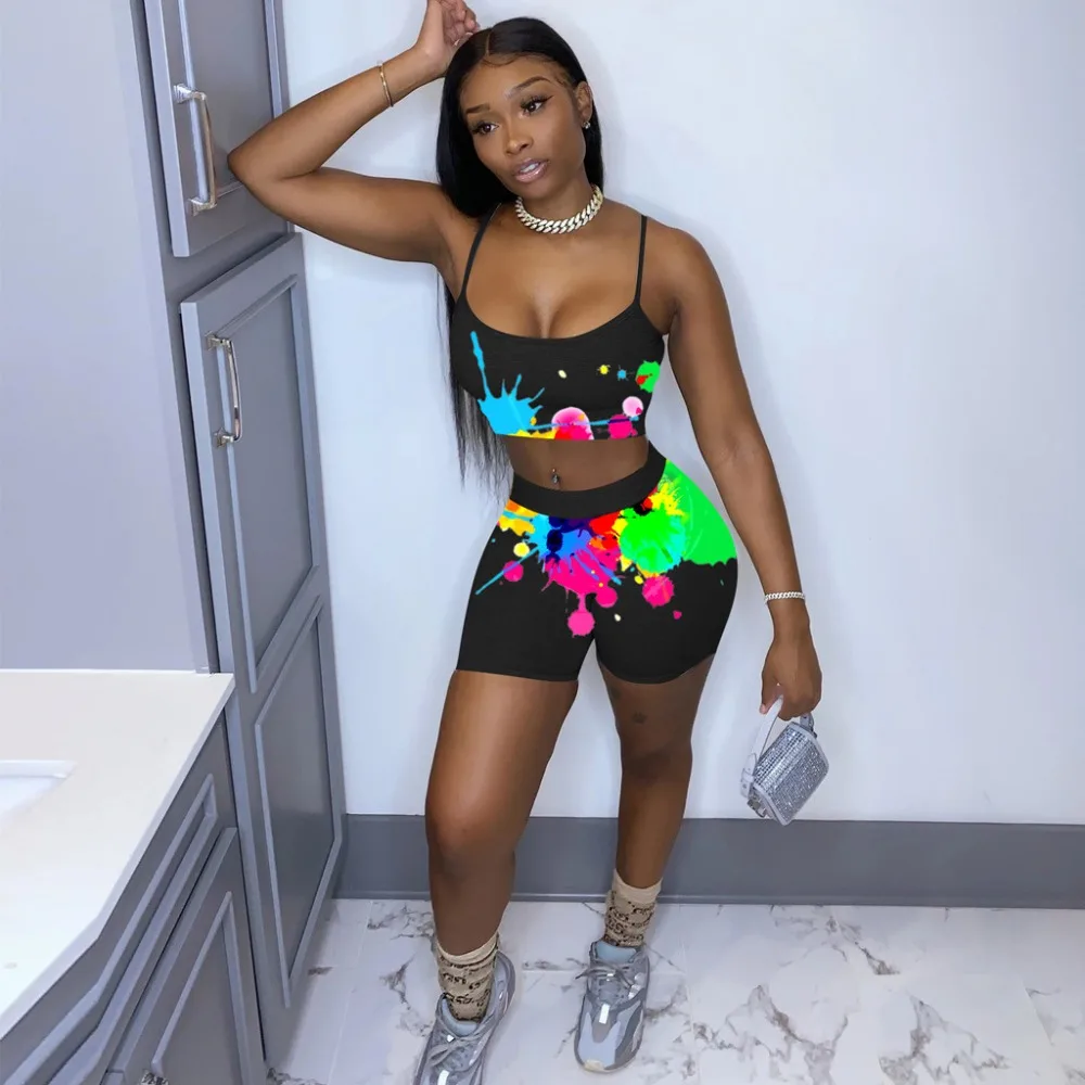 

Goowrom Two Piece Sets Women Outfits Letter Print Sexy Sling Sleeveless Crop Top Bodycon Shorts Pants Set Sportswear Clothes