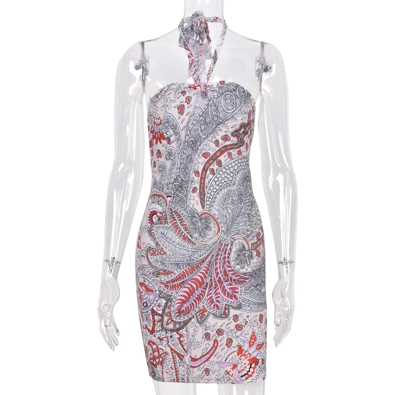 

Y2K Bohemian Print Halter Bodycon Dresses Summer Sleeveless Backless Beach Style Skinny Sundress Sexy Women Party Night Outfits