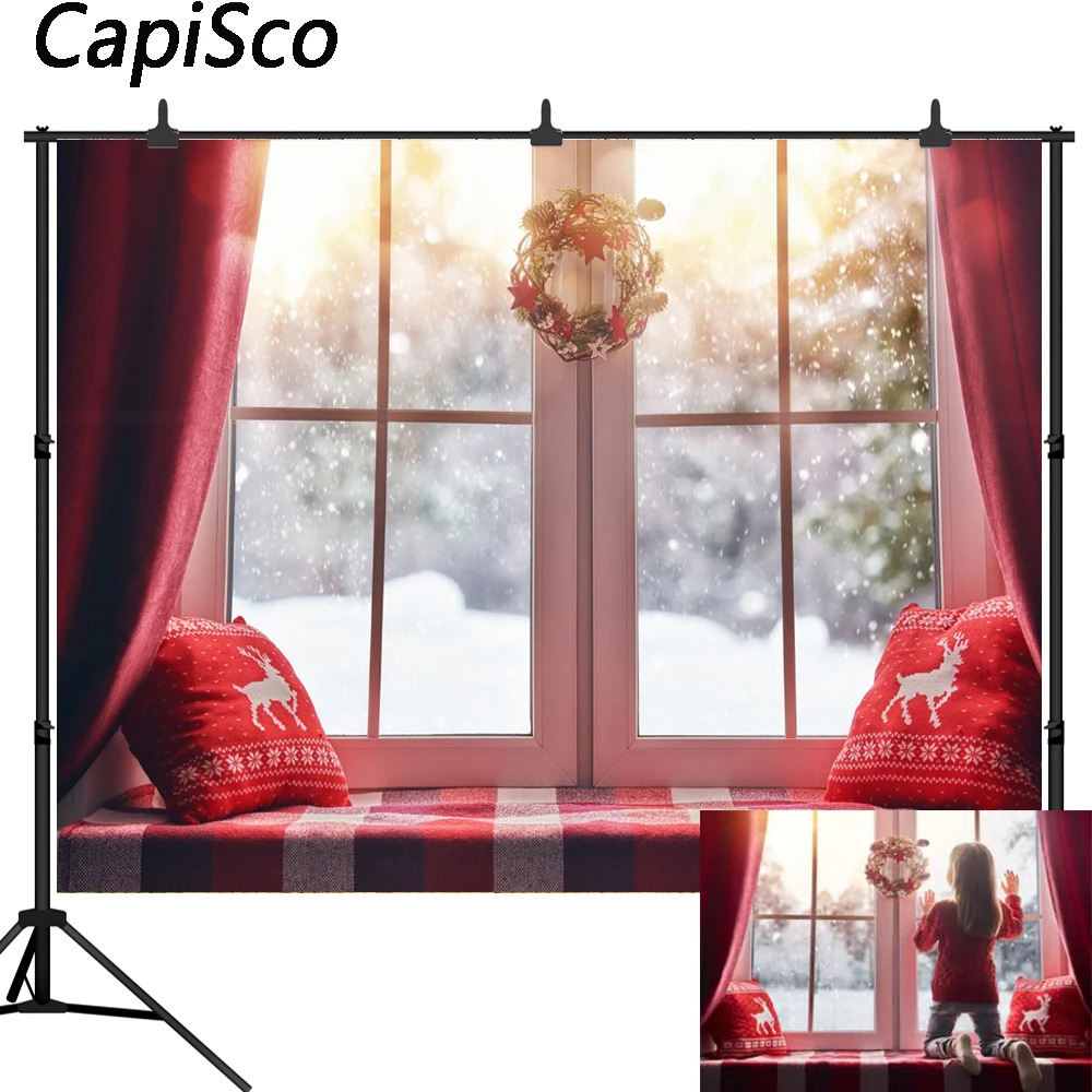 Фон для фотосъемки рождественские окна венок зима снег фон реквизит на заказ |