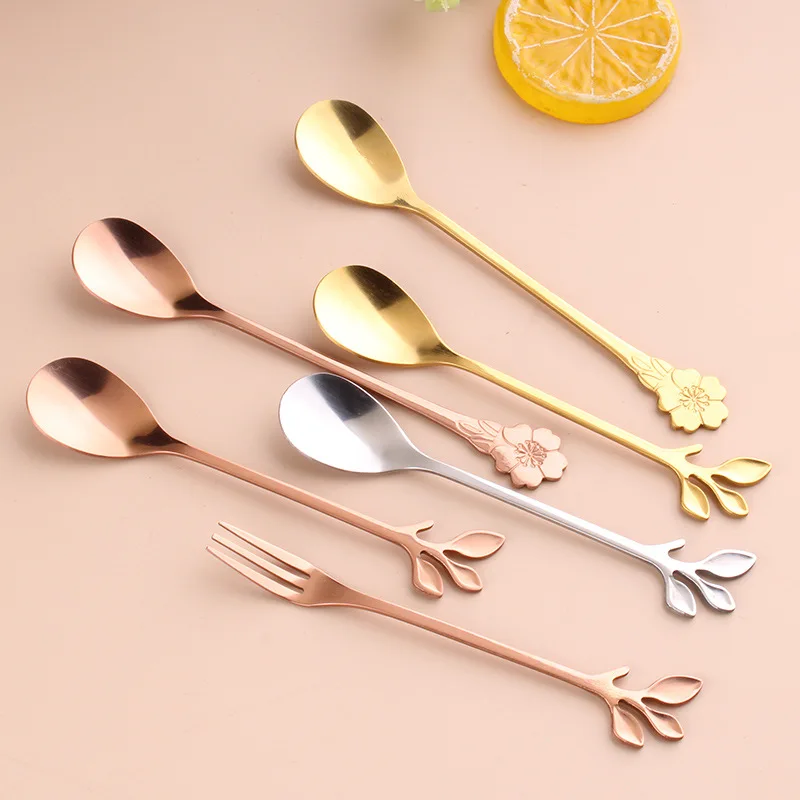 Mini 304 Stainless Steel Stirring Spoon Leaves Fruit Fork Nordic Cherry Blossom Handle New Style Coffee | Дом и сад