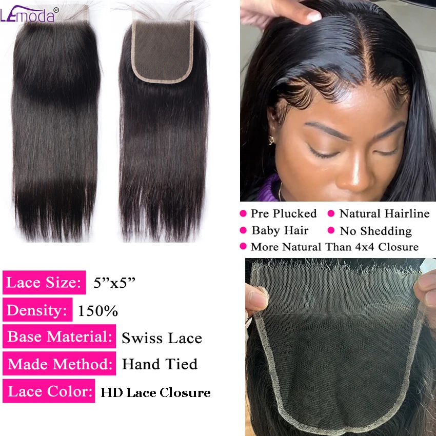 Straight Bundles With Closure 5x5 HD Transparent Lace Frontal Peruvian Lemoda Remy Hair Weave Extension | Шиньоны и парики
