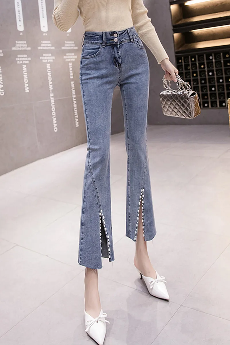 

New flared denim pants versatile slit advanced feeling slim fit high waist nine point nail bead flared pants female