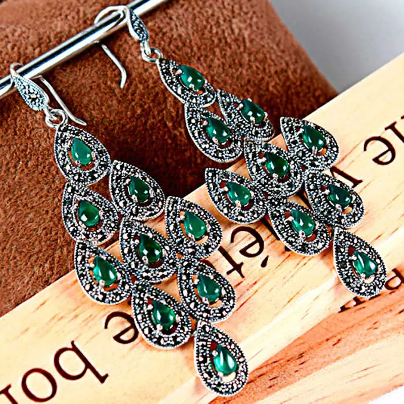 

ZHJIASHUN Garnet Chalcedony Agate 100% 925 Sterling Silver Drop Earrings For Women Big Peacock Natural Gemstone Earring Jewelry