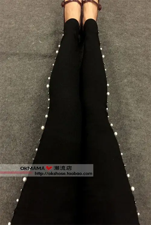 Pearl Rivets Thick Stretch Fleece Thick Ankle-Length Pants Pencil Workout Pants Women Leggings Autumn and Winter Black Leggings