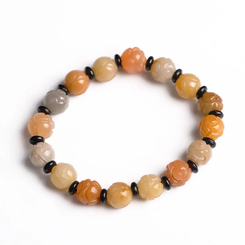 

2021 New Natural Xinjiang Gold Silk Jade Bracelet Fashion Gold Silk Jade Lotus Pearl Hand String Hand Ornaments