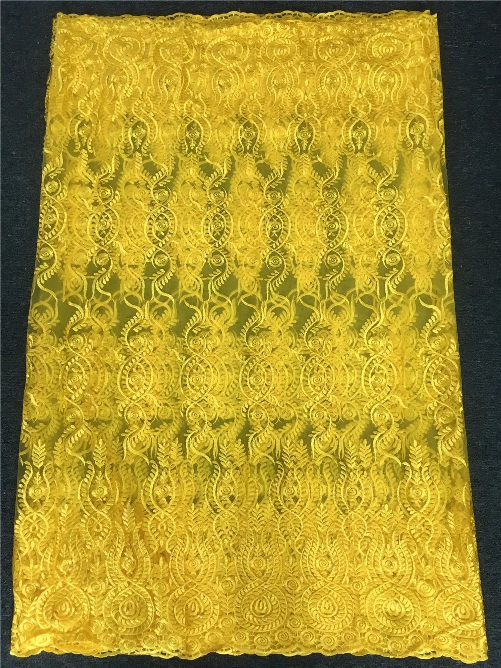 Желтая вышивка Анна французская сетчатая кружевная ткань с камнями и бусинами 5