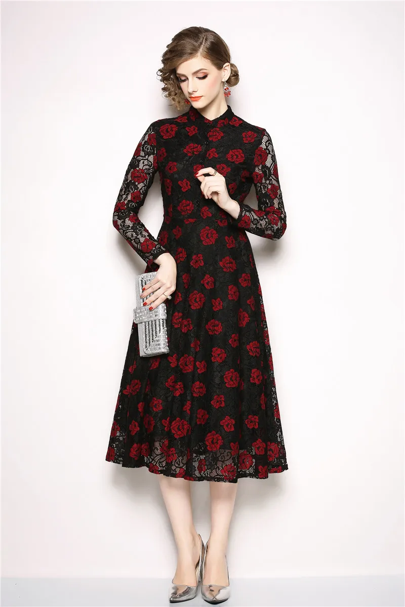 

Fashion Designer Women Autumn Sexy Slim Shirt Dress Elegant Cocktail Party Robe Female Vintage Hollow Lace Dresses Vestidos