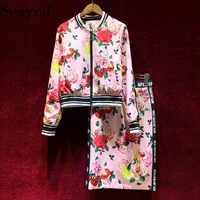 svoryxiu fashion runway designer autumn skirt suit womens elegance flower print pink jackets midi skirt two piece set