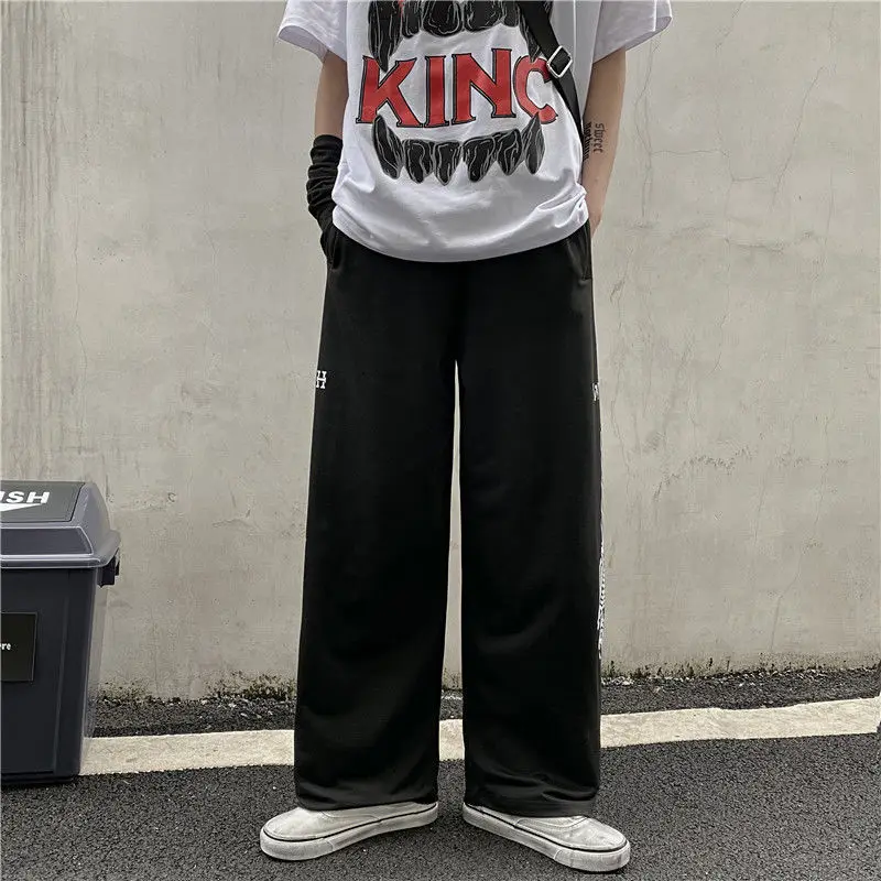 Новые длинные брюки 2020 корейские модные свободные широкие прямые с принтом