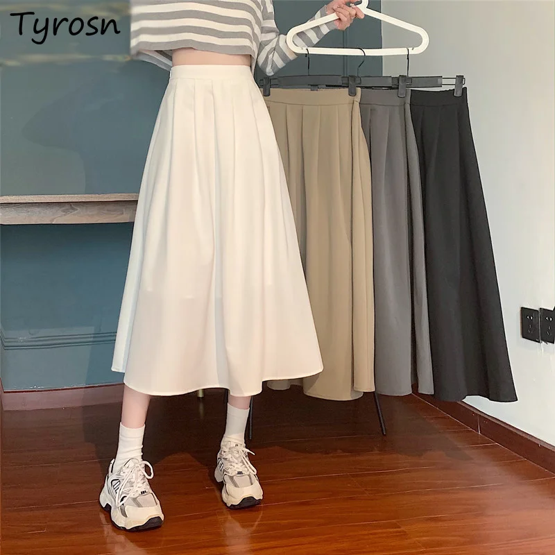

Midi Skirts Women High Waist Pleated Students Japanese Style Streetwear All-match Fashion Faldas Largas Mujer Temperament Solid
