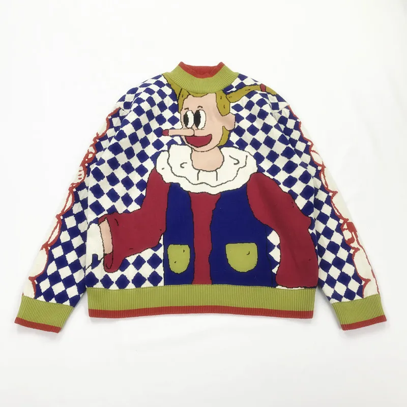 Зима Осень дизайн плед мультфильм кукла девушка жаккард Harajuku женский хлопковый пуловер свитер свободные толстые вязаные топы