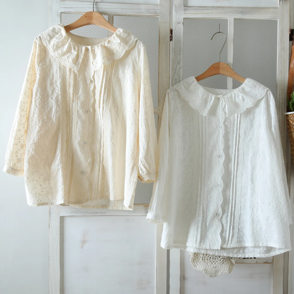 

Женская хлопковая рубашка с вышивкой, Повседневная Однотонная рубашка с длинным рукавом и воротником «Питер Пэн» в стиле девушки Мори, весн...
