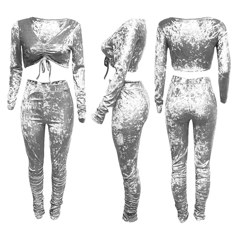 

Fall And Winter New Drawstring 2 Piece Set Solid Suede Velvet Casual Sexy Tracksuit Crop Tops+pleated Pants Two-piece Set