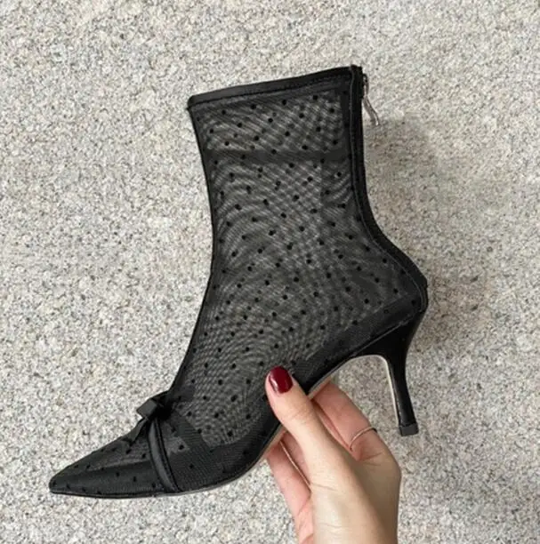 Jual Gadis Kulit Hitam Transparan Mesh Renda 7 Cm Stiletto Tumit Menunjuk Toe Dasi Sepatu Bot Pendek Mode Rendah Sepatu Boots Wanita