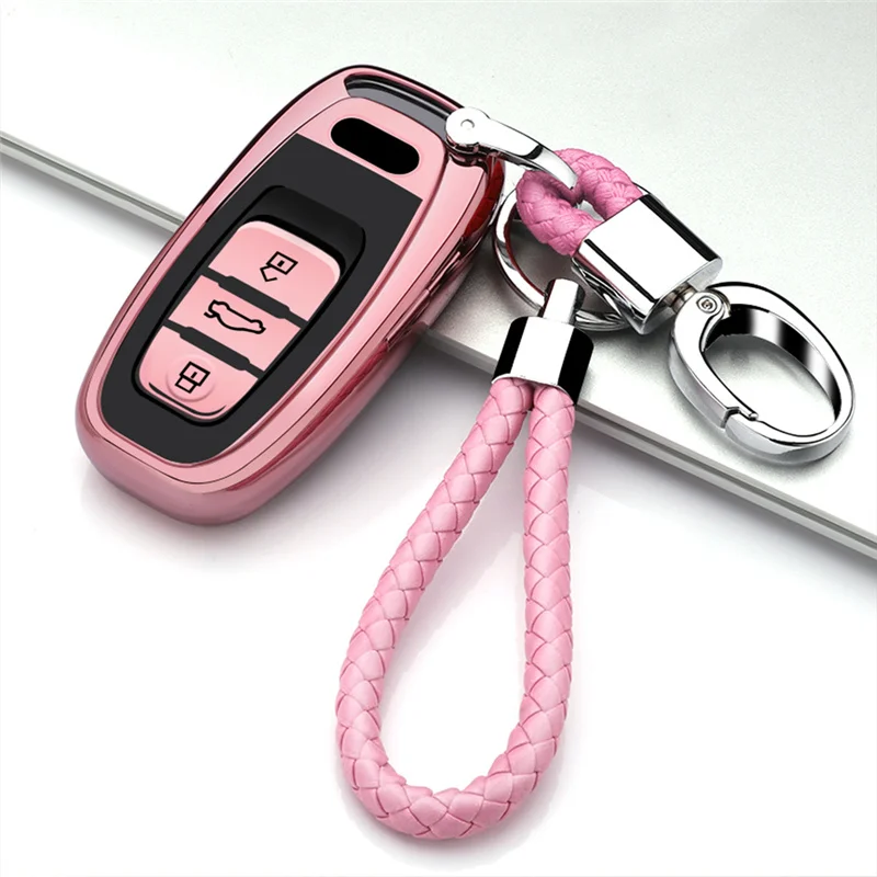 C-Pink-keychain Мягкий ТПУ чехол для ключей Автомобильный брелок с кольцом ключ чехол для Audi A4 A4L A5 S5 A6 Q5 SQ5 Fob 3 кнопки автомобильные аксессуары защита - Название цвета: C-Pink-keychain