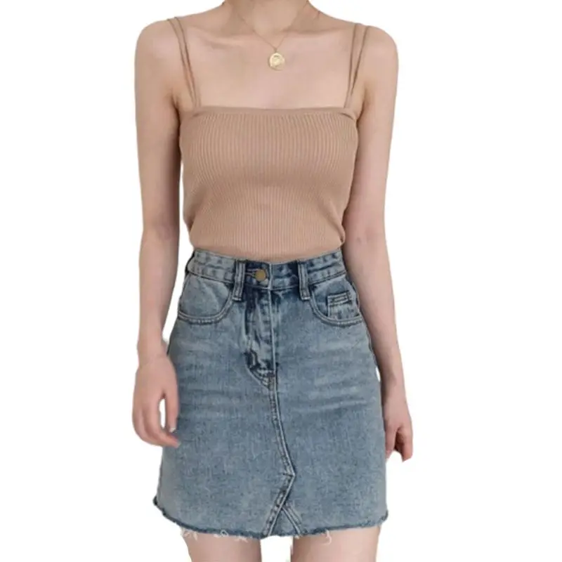 

Korean Minimalist Women Sleeveless Ribbed Knit Vest Double Spaghetti Straps Plain Solid Color Camisole Casual Slim Tube Tank Top