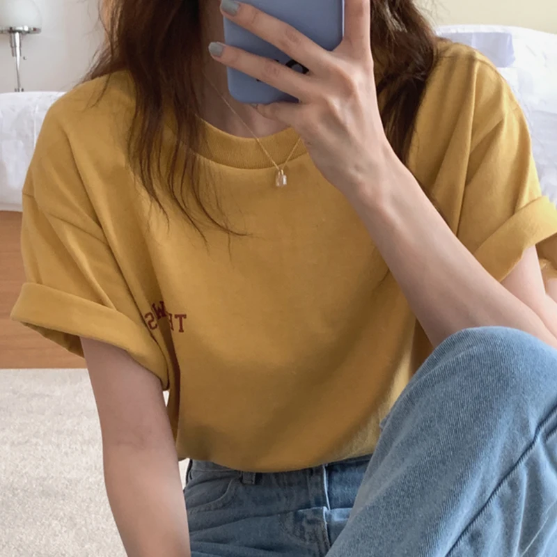 

Korejpaa Women T-Shirt 2021 Summer Korean Chic Girls Simple Casual Basic Round Neck Contrast Letter Printing Loose Versatile Top