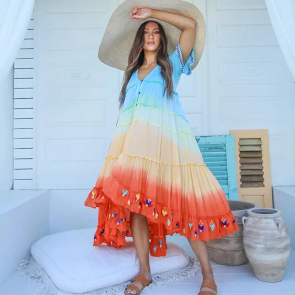 

Summer Maternity Dresses For Women New 2021 Color Striped Single-Breasted Big Swing Beach Holiday Leisure Plus Size Cake Skirt