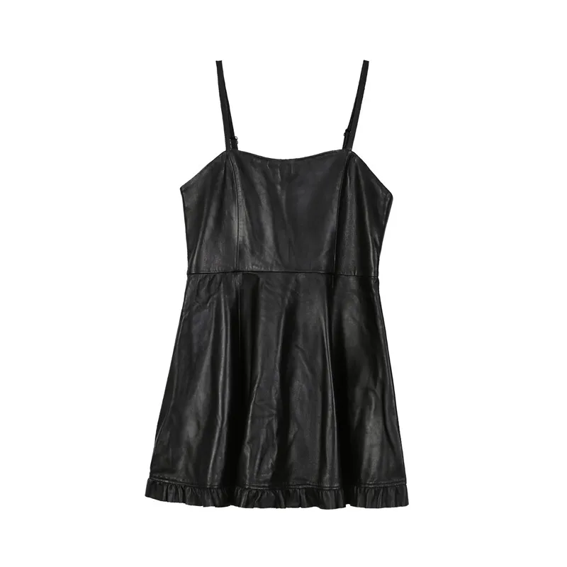 

Spring Autumn Women Sheepskin Slim Fit Strap Dress High Waist Ruffle Genuine Leather Female A-Line Dress Sweet Black Mid-Length