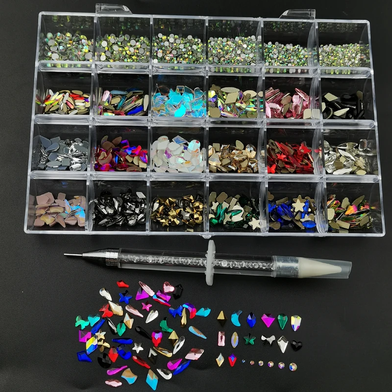 Mixed AB Glass Crystal Diamond In Grids 24 Shapes And SS3-SS16 Flatback Nail Art Rhinestone Set With 1 Pick Up Pen