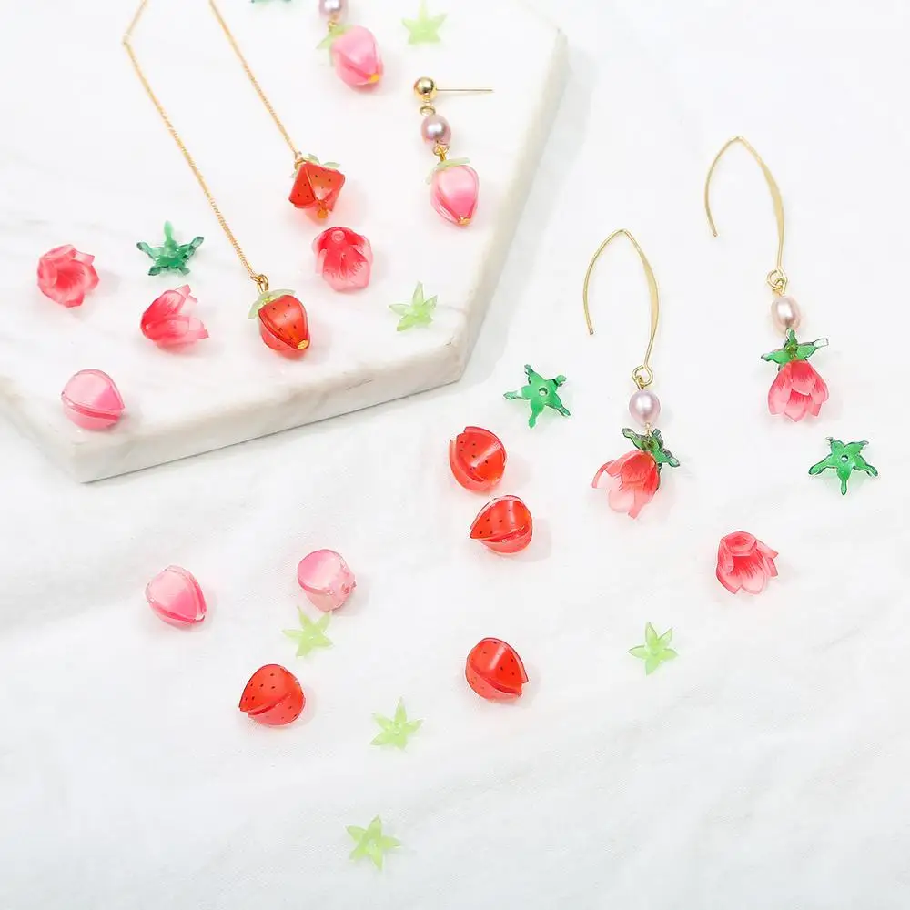 2Pcs/Set Pink Red Strawberries/Flowers Petals Bud Beads Acrylic Charms Beads for DIY Jewelry Making Earring Necklace Accessories