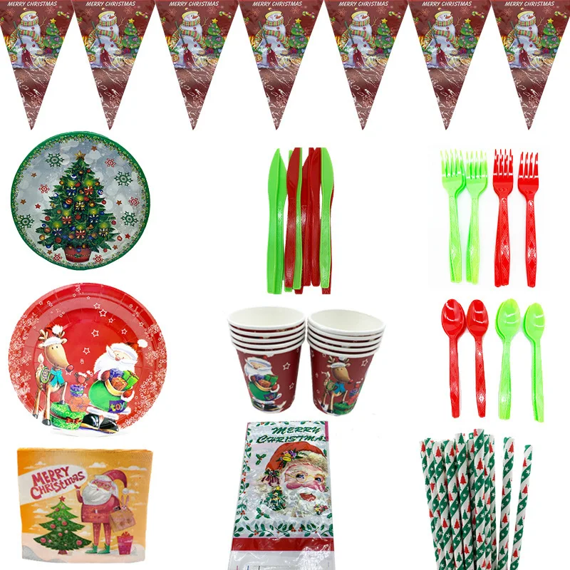

Happy New Year Dinner Plates Xmas Christmas Tree Disposable Tableware Sets Merry Christmas Party Favors Decorations For Home