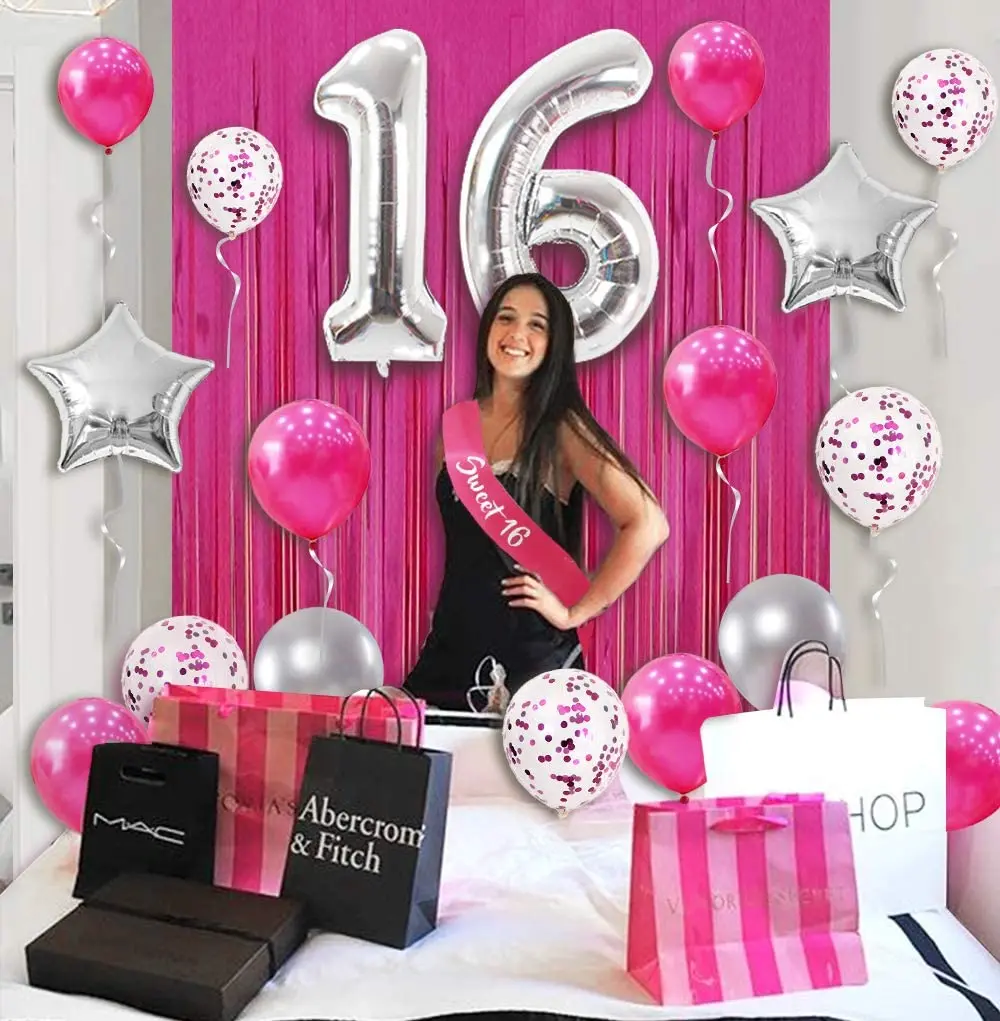 Decoraciones para fiesta de cumplea&ntilde;os 16 para ni&ntilde;as, suministros para fiesta de cumplea&ntilde;os n&uacute;mero 16, globos, cortina, pancarta de feliz cumplea&ntilde;os-4