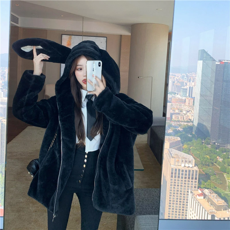 

Winter Jacket Women 2020 New Solid Hooded Faux Rabbit Fur Coat Warm Thick Fashion Loose Ladies Coat Faux Fur Coat Women Jacket