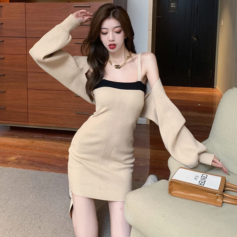 

Han Guodong gate chic bump color ultra gentle sling bag hip skirt cape coat knit two-piece suit fashion