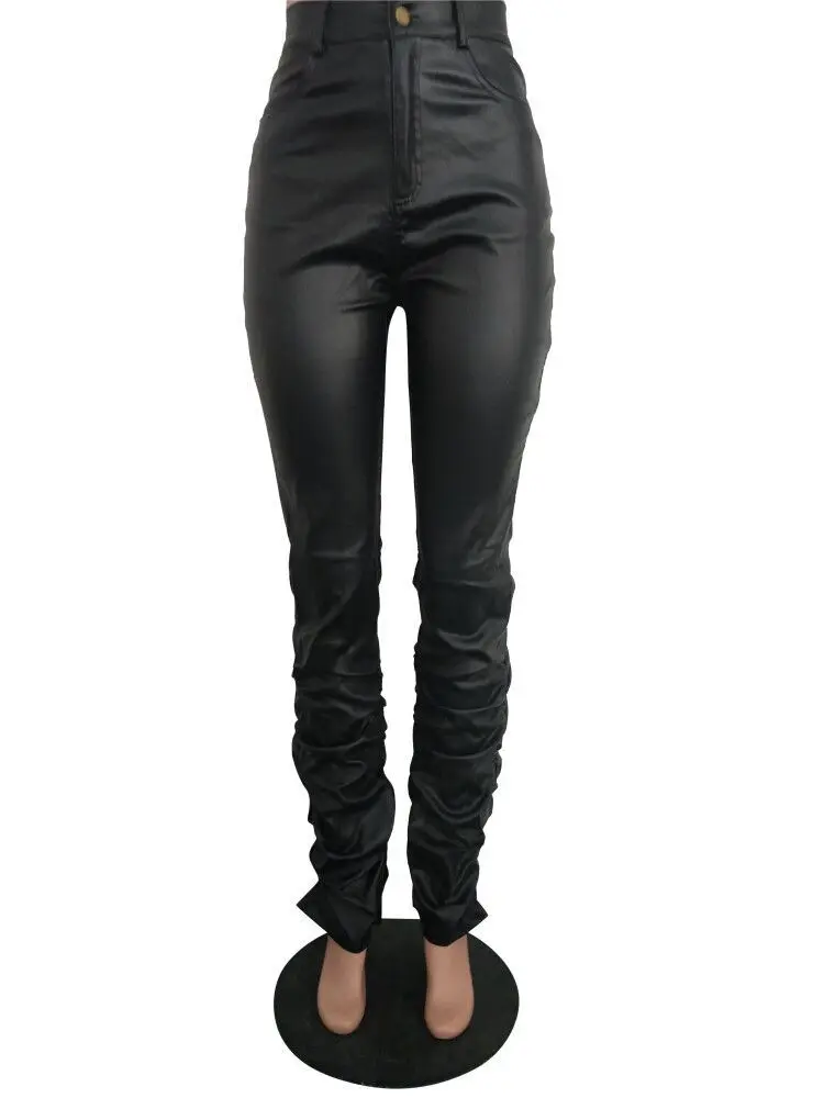 

Sexy Ruched PU Leather Pants Women Black Skinny Trousers Plus Size Streetwear Jogger Pants