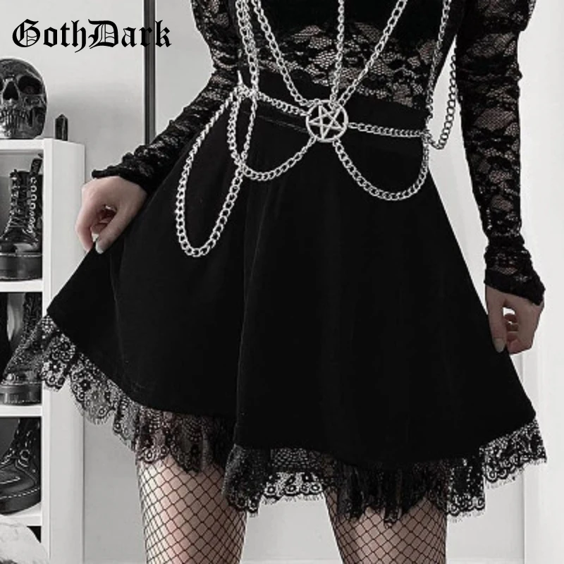

Goth Dark Velvet Gothic Basic Women Mini Skirts Grunge Punk High Waist A-line Skirt Lace Patchwork Black Fall Winter Alt Clothes