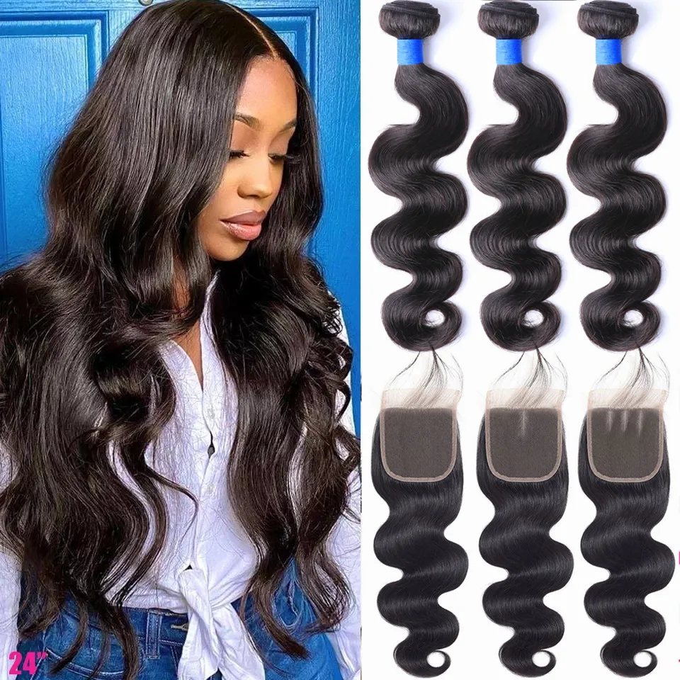 Bling волнистые волосы для придания объема пряди с закрытием Remy человеческие