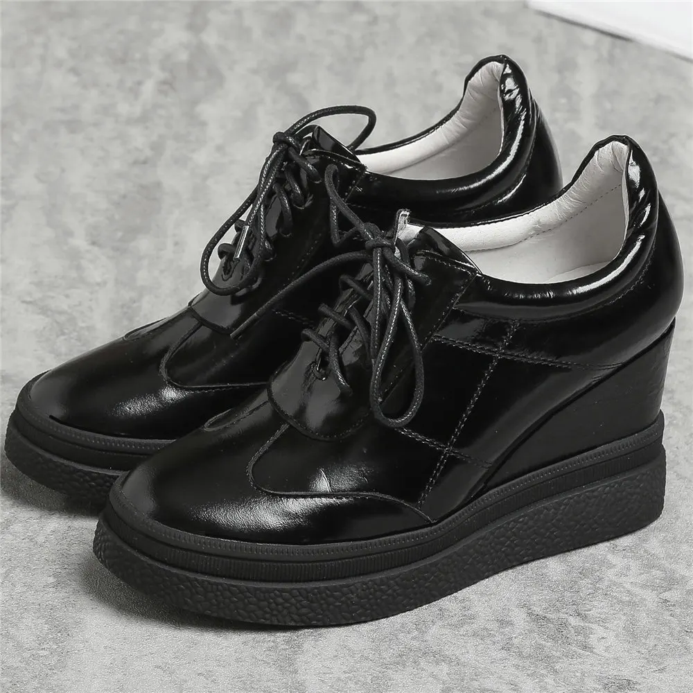 

Round Toe Fashion Sneakers Women Lace Up Genuine Leather Wedges Ankle Boots Female High Heel Platform Pumps Shoes Casual Shoes