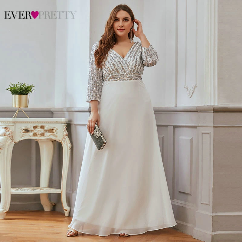 

Plus Size Sequined Evening Dresses Ever Pretty 3/4 Sleeve A-Line Double V-Neck Elegant Sparkle Party Gowns Abiye Gece Elbisesi