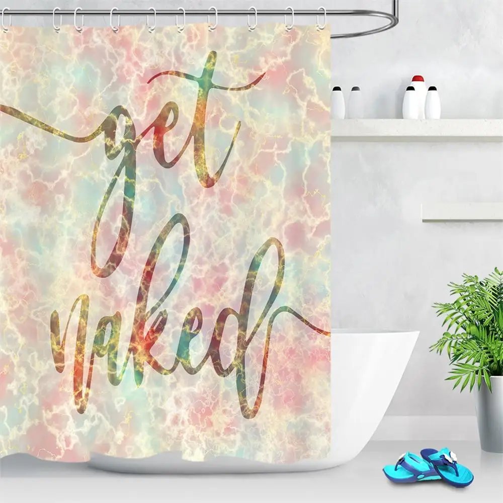 

Funny Quote Get Naked Shower Curtain Fabric Polyester Waterproof Colorful Marble Bathroom Curtains Bath Accessory Set with Hooks