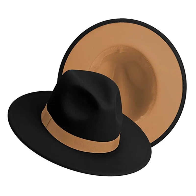 Simple Outside Black inside Camel Patchwork Wide Brim Fedora Hat Men Women Two Tone Felt Fedora Hats Cowboy Jazz Hat Brown Belt